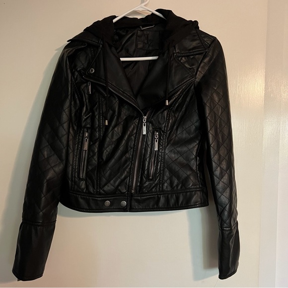 NEW Black Faux Leather Motorcycle Hoodie BikerJacket - Picture 6 of 6